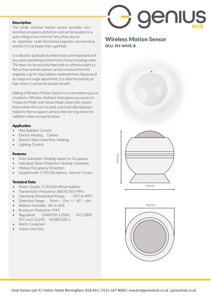 Wireless Motion Sensor - Buy from the Genius Hub shop