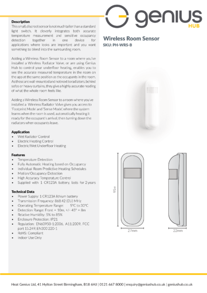 Wireless Room Sensor - Specification