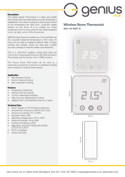 Specification for Genius Wireless Thermostat